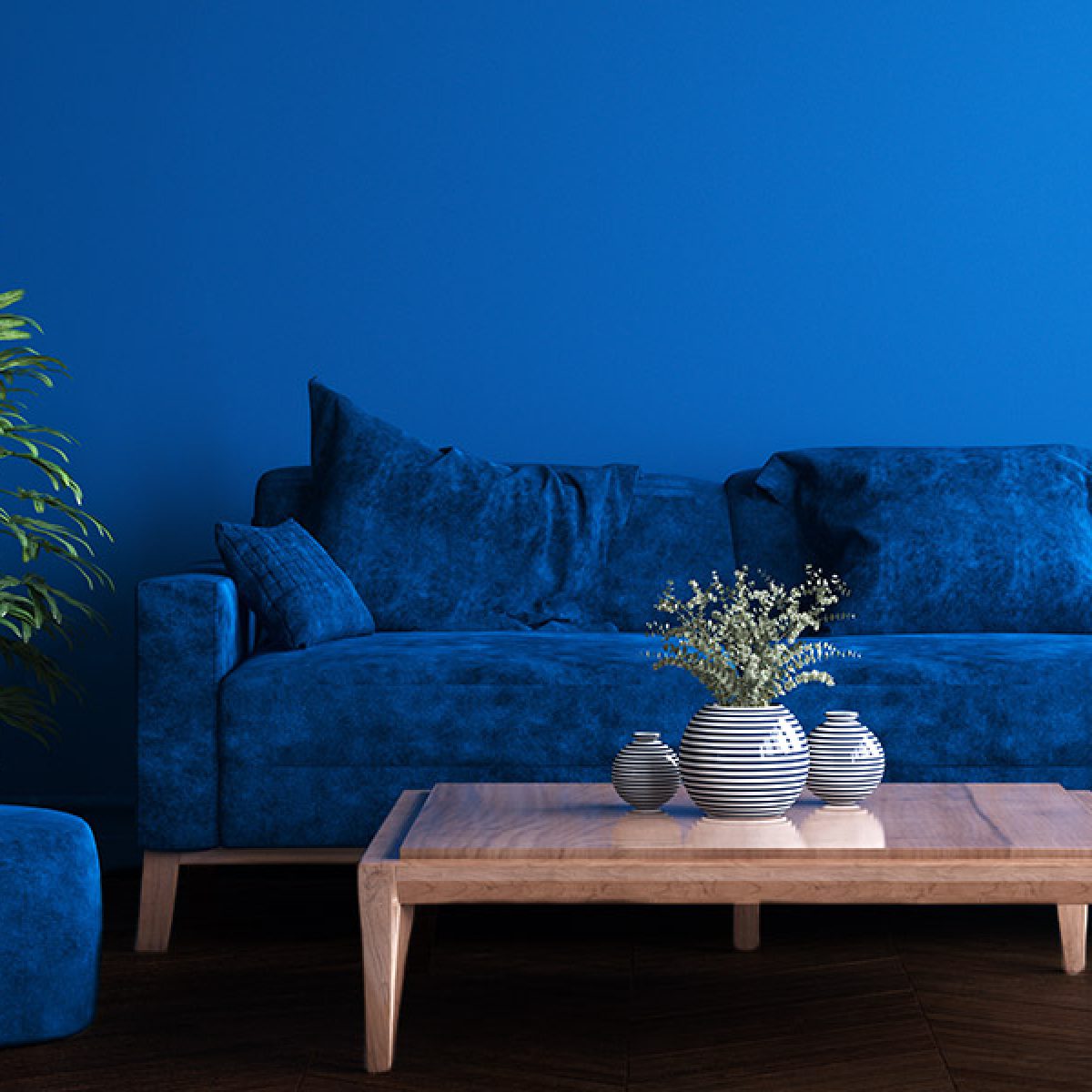 Cobalt Blue Living Room with Dark Hardwood Floors